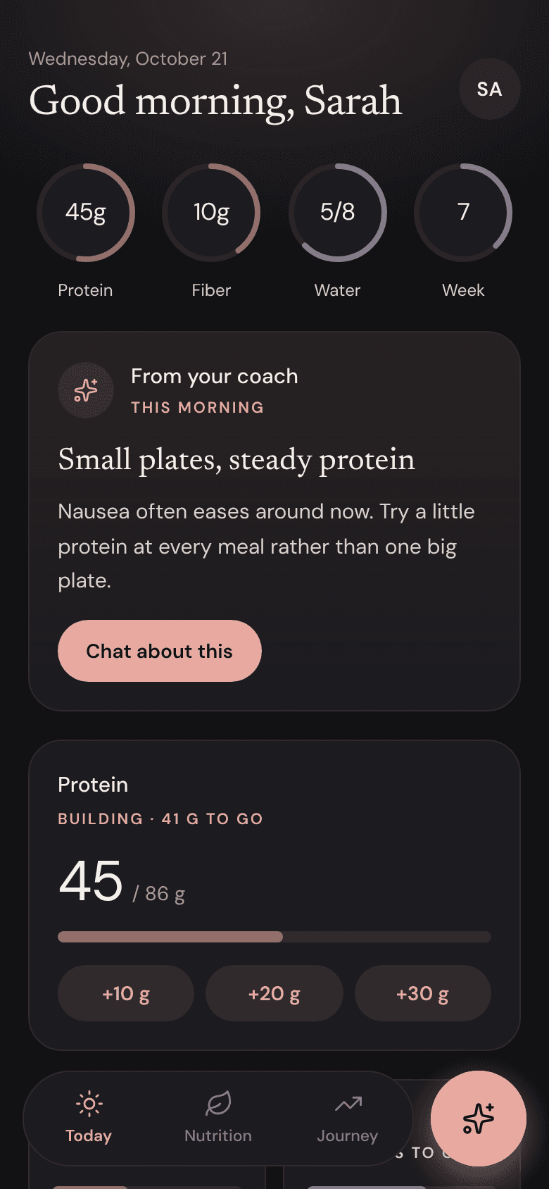 Thrive Coach Today screen with protein, fiber and water rings, a note from the coach, and the protein card