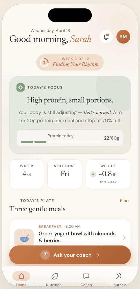 Thrive Coach dashboard showing daily nutrition tracking, meal plans, and health stats
