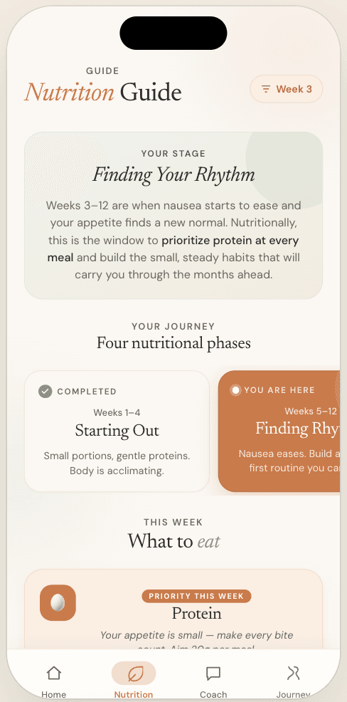 Nutrition guide showing stage-based meal recommendations and protein tracking